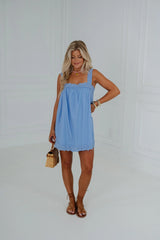 Sally Linen Lace Trim Mini Dress-Blue