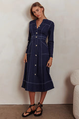 Aspen Love Front Pocket Long Sleeve Midi Dress Indigo