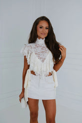 High Neck Ruffle Lace Top-Cream