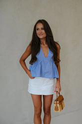Halter Flare Gingham Top-White/Blue