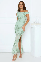 Studio Flora Mesh Off The Shoulder Maxi Dress Sage